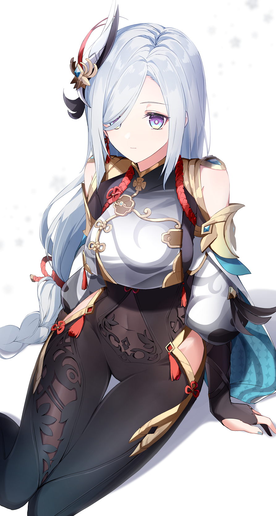 1girl a.a_(aa772) arm_support bangs bare_shoulders black_bodysuit black_gloves blue_eyes bodysuit braid breast_curtain breasts commentary_request covered_navel elbow_gloves feet_out_of_frame fingerless_gloves genshin_impact gloves grey_hair grey_nails groin hair_over_one_eye highres long_hair looking_at_viewer medium_breasts nail_polish shadow shenhe_(genshin_impact) short_sleeves single_braid sitting solo thigh_gap very_long_hair violet_eyes white_background