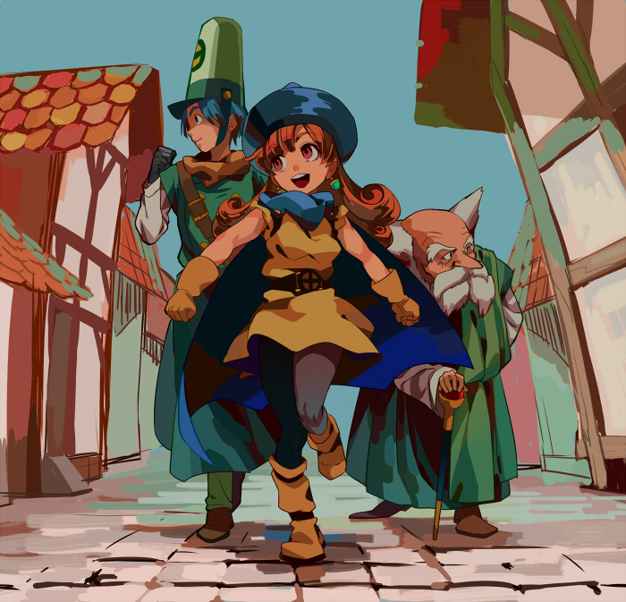 1girl alena_(dq4) black_legwear breasts cape curly_hair dragon_quest dragon_quest_iv hat long_hair mogura_(mogura56) multiple_boys orange_hair pantyhose short_hair skirt yellow_skirt