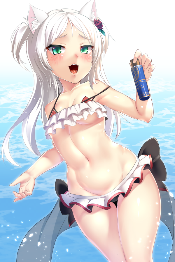 1girl :d animal_ears ayagi_daifuku azur_lane bangs bare_arms bare_shoulders bikini bikini_skirt black_ribbon blush breasts cat_ears collarbone commentary_request dutch_angle eyebrows_visible_through_hair flower frilled_bikini frills green_eyes groin hair_flower hair_ornament half-closed_eyes hand_up holding legs_together light_particles long_hair looking_at_viewer lowleg lowleg_bikini navel ocean open_mouth parted_bangs red_rose ribbon rose shiny shiny_skin sims_(azur_lane) skirt small_breasts smile solo sparkle standing stomach strap_slip swimsuit tsurime two_side_up white_bikini white_hair white_skirt