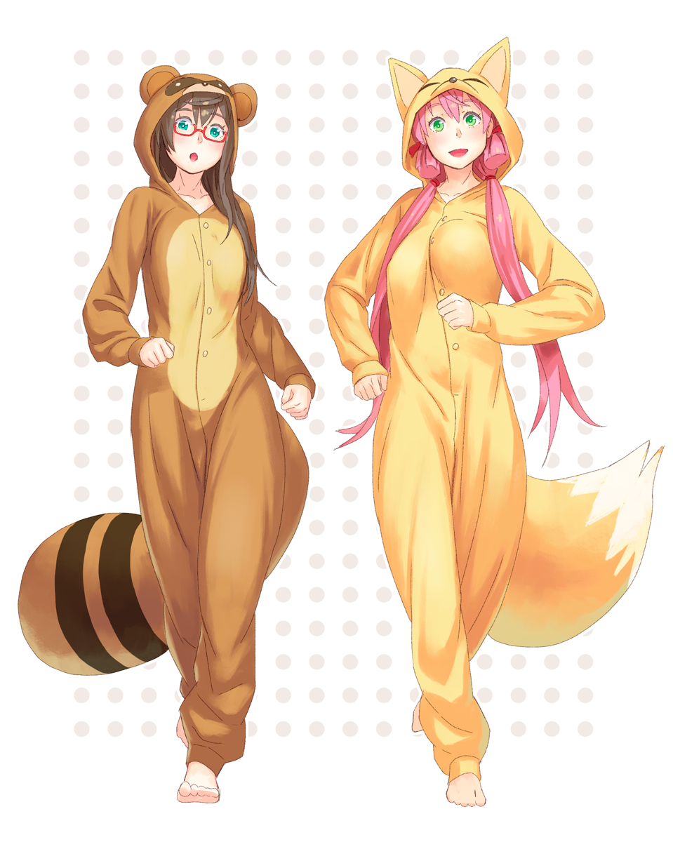 2girls :d :o akashi_(kantai_collection) alternate_costume animal_costume barefoot black_hair blush breasts collarbone fox_costume fox_tail full_body green_eyes highres kantai_collection long_hair long_sleeves looking_at_viewer low_twintails medium_breasts multiple_girls ooyodo_(kantai_collection) open_mouth pink_hair raccoon_costume raccoon_tail red-framed_eyewear smile tail twintails under-rim_eyewear yuuji_(and)