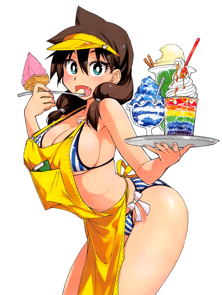 1girl amano_megumi amano_megumi_wa_suki_darake! apron aqua_eyes arched_back bikini breasts bright_pupils brown_hair cowboy_shot fang food hair_over_shoulder holding holding_food holding_tray ice_cream_cone large_breasts long_hair looking_at_viewer nekoguchi official_art open_mouth shaved_ice simple_background solo striped striped_bikini swimsuit tray vertical_stripes visor_cap white_background yogurt
