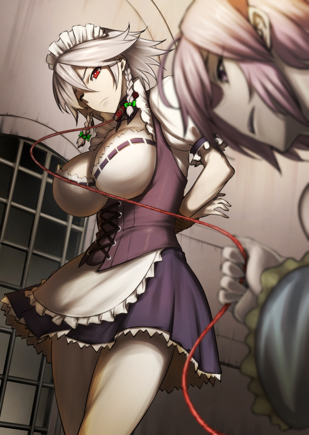 2girls apron arms_behind_back bars blue_skirt blurry bow braid breasts cleavage commentary_request depth_of_field expressionless femdom frilled_sleeves frills green_bow hair_bow indoors izayoi_sakuya jonylaser komeiji_satori large_breasts leash maid_headdress miniskirt multiple_girls pink_eyes pink_hair puffy_short_sleeves puffy_sleeves red_collar red_eyes short_sleeves silver_hair skirt standing touhou twin_braids underbust waist_apron