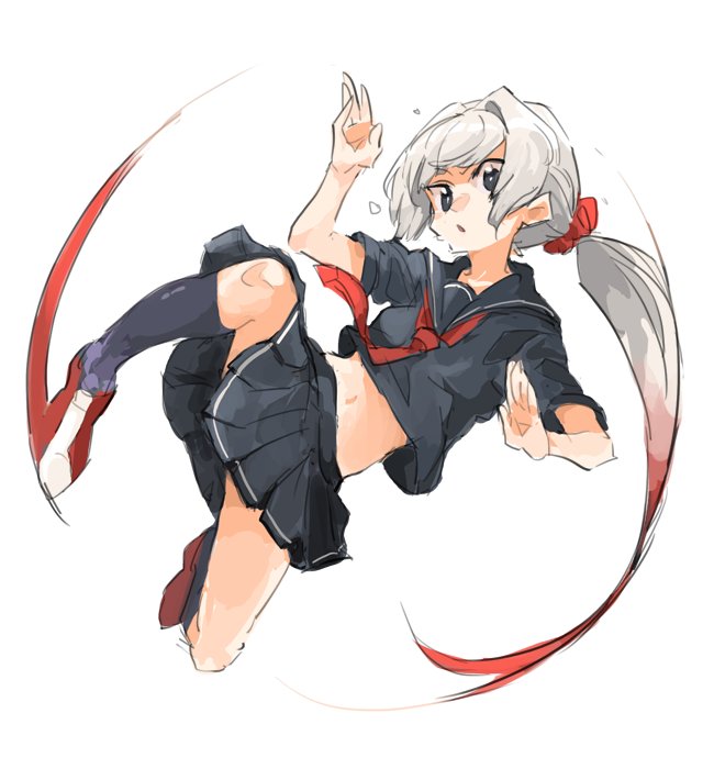 1girl flying_kick kasa kicking long_hair midriff navel original ponytail school_uniform scrunchie socks solo very_long_hair white_hair