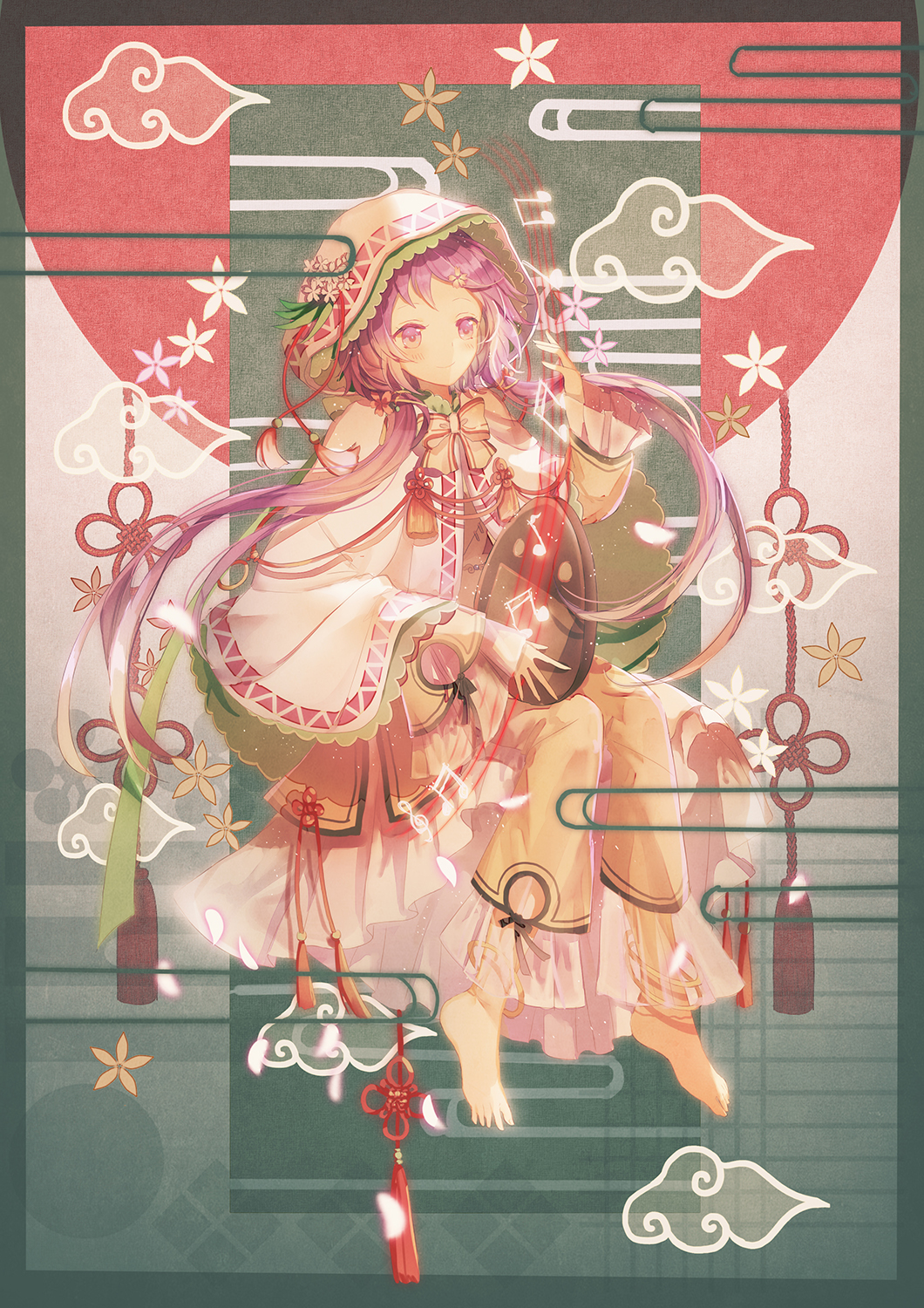 1girl anklet barefoot biwa_lute blue_eyes blue_hair bow bowtie cloud_print clouds floating floral_print flower full_body hibiscus_print highres instrument jewelry lute_(instrument) parka_cape see-through shawl sitting tagme tan_clothing tan_legwear tassel touhou transparent_sleeves tsukumo_benben twintails yasato