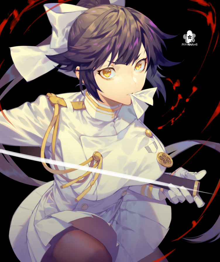 1girl azur_lane bangs black_background black_hair black_legwear bow breasts closed_mouth copyright_name double-breasted gloves hair_bow hair_flaps holding holding_sword holding_weapon large_breasts long_hair long_sleeves looking_at_viewer military military_uniform pantyhose pleated_skirt sidelocks simple_background skirt solo sword takao_(azur_lane) tsurime uniform unsheathed very_long_hair weapon white_bow white_gloves white_skirt yamakawa yellow_eyes