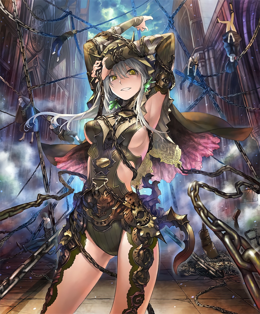 1girl arms_up artist_request bound breasts chains church cygames faceless faceless_male grey_hair grin habit impossible_clothes long_hair multiple_boys official_art revealing_clothes shadowverse shingeki_no_bahamut sideboob sister_of_punishment smile yellow_eyes