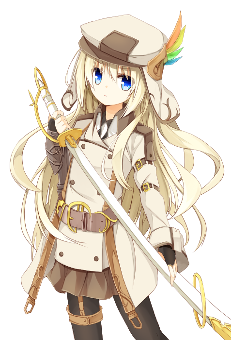 1girl bangs beige_hat beige_jacket black_gloves black_legwear blonde_hair blue_eyes brown_skirt closed_mouth double-breasted eyebrows_visible_through_hair fingerless_gloves gloves hair_between_eyes hand_up hat hat_feather holding holding_sword holding_weapon long_hair long_sleeves looking_at_viewer military military_uniform original pantyhose pleated_skirt saber_(weapon) simple_background skirt solo sword uniform very_long_hair weapon white_background yuuhagi_(amaretto-no-natsu)