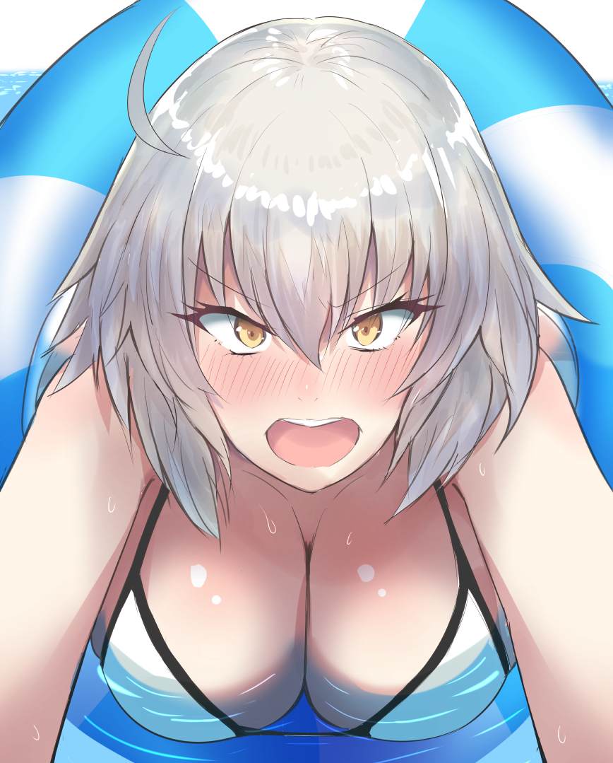 14sai_bishoujo_(shoutarou) 1girl bangs bikini blush breasts cleavage d:&lt; day eyebrows_visible_through_hair fate/grand_order fate_(series) grey_hair hair_between_eyes innertube jeanne_alter large_breasts looking_at_viewer nose_blush ocean open_mouth outdoors ruler_(fate/apocrypha) sidelocks solo swimsuit teeth white_bikini yellow_eyes
