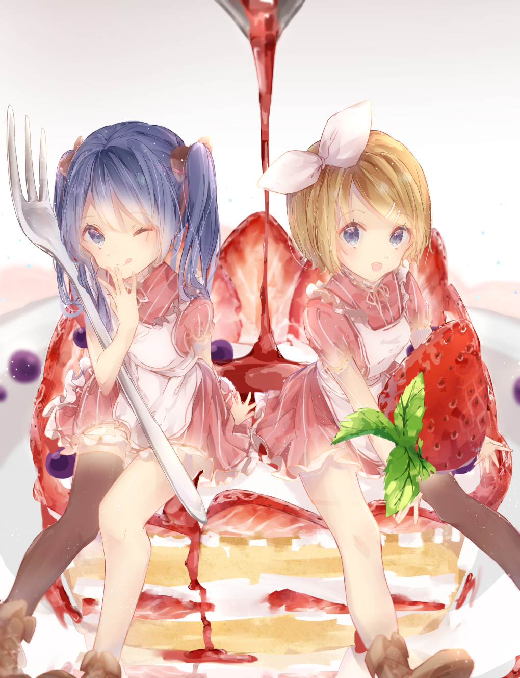 2girls :p apron blonde_hair blue_eyes blue_hair blueberry brown_footwear cake commentary_request dress food fruit hatsune_miku highres holding kagamine_rin leaf looking_at_viewer minigirl multiple_girls one_eye_closed plate puffy_short_sleeves puffy_sleeves red_dress shiromi shoes short_sleeves single_thighhigh smile strawberry syrup thigh-highs tongue tongue_out twintails vocaloid white_background