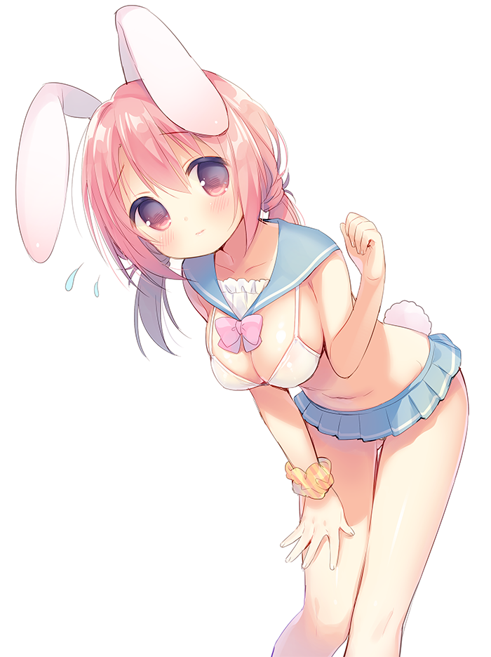 1girl animal_ears bangs bare_arms bikini_top blue_sailor_collar blush bow breasts bunny_girl bunny_tail cleavage closed_mouth collarbone commentary_request eyebrows_visible_through_hair fingernails flying_sweatdrops gluteal_fold hair_between_eyes hand_on_own_thigh leaning_forward long_hair looking_at_viewer low_twintails medium_breasts microskirt navel original pink_bow pink_eyes pink_hair pleated_skirt rabbit_ears sailor_collar scrunchie shiny shiny_skin sidelocks simple_background skindentation skirt solo striped striped_scrunchie tail twintails unmoving_pattern usashiro_mani white_background white_bikini_top wrist_scrunchie