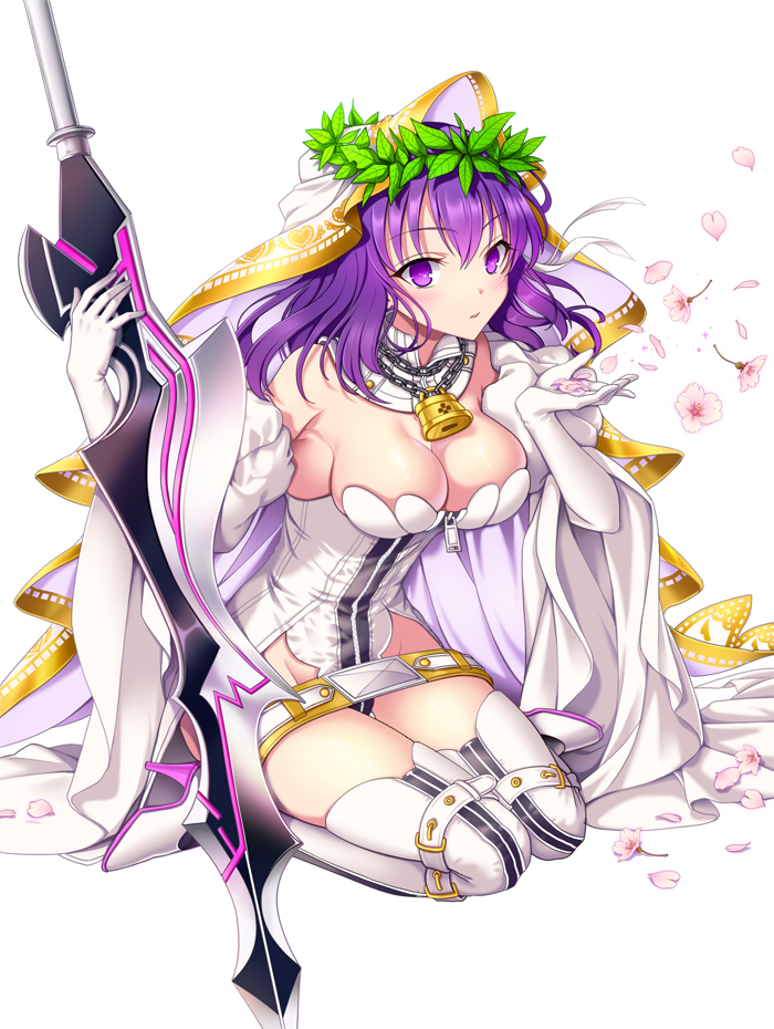 1girl aestus_estus bangs bare_shoulders belt belt_buckle blush boots breasts buckle chains cherry_blossoms cleavage commentary_request cosplay detached_collar detached_sleeves elbow_gloves eyebrows_visible_through_hair fate/grand_order fate/stay_night fate_(series) full_body gloves groin hair_between_eyes hand_on_sword hands_up heavens_feel high_heel_boots high_heels holding large_breasts laurel_crown leg_belt leotard lock long_hair looking_at_viewer matou_sakura padlock parted_lips petals purple_hair saber_bride saber_bride_(cosplay) saber_extra shiny shiny_skin simple_background sitting solo striped thigh-highs thigh_boots uchuu_gorira underbust veil vertical-striped_boots vertical_stripes violet_eyes wariza white_background white_belt white_footwear white_gloves white_leotard wide_sleeves wind yellow_belt zipper zipper_pull_tab