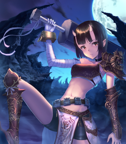 1girl background bandage belt black_hair bracelet breastplate brown_eyes collar jewelry looking_at_viewer moon moonlight oni oni_horns over_shoulder ryuinu short_hair shorts sword sword_over_shoulder warrior weapon weapon_over_shoulder