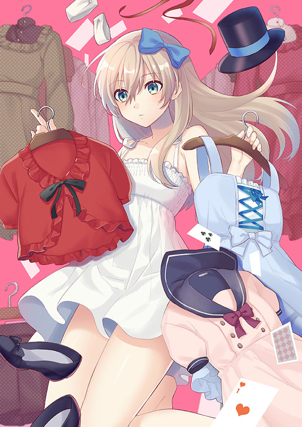 1girl alice_(wonderland) alice_in_wonderland blonde_hair blue_bow blue_eyes bow clothes clothes_hanger dress hair_between_eyes hair_bow hat long_hair nightgown original solo sunsnny top_hat