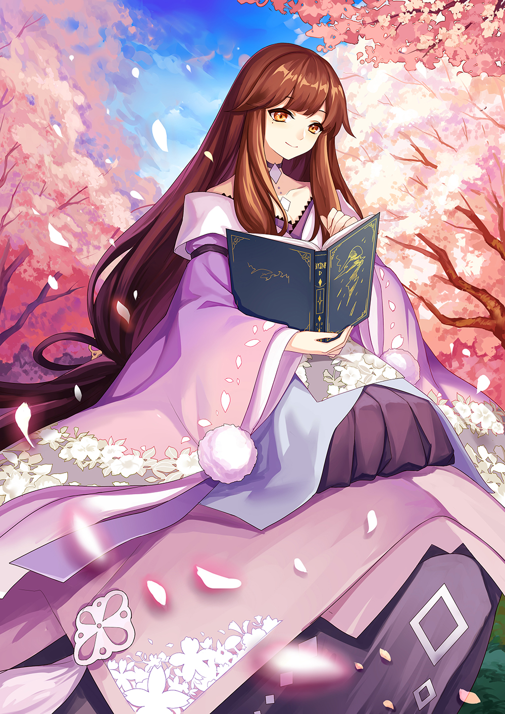 1girl bangs blunt_bangs book brown_eyes brown_hair cherry_blossoms closed_mouth day floral_print full_body highres holding holding_book houraisan_kaguya japanese_clothes kimono long_hair long_sleeves looking_at_viewer mirror_(xilu4) mole mole_under_eye outdoors pink_kimono seiza shiny shiny_hair sidelocks sitting skirt smile solo touhou very_long_hair wide_sleeves