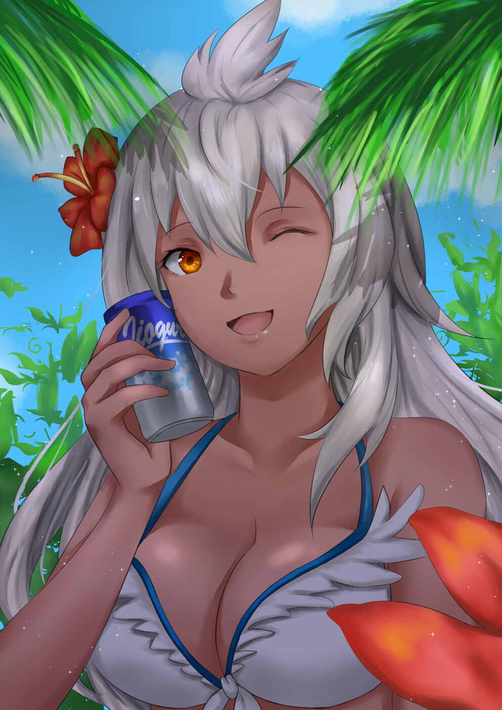 1girl :d ahoge breasts can chao_(chaoticalien) cleavage dark_skin flower granblue_fantasy hair_flower hair_ornament highres large_breasts long_hair looking_at_viewer open_mouth orange_eyes palm_leaf smile solo the_order_grande very_long_hair white_bikini_top white_hair