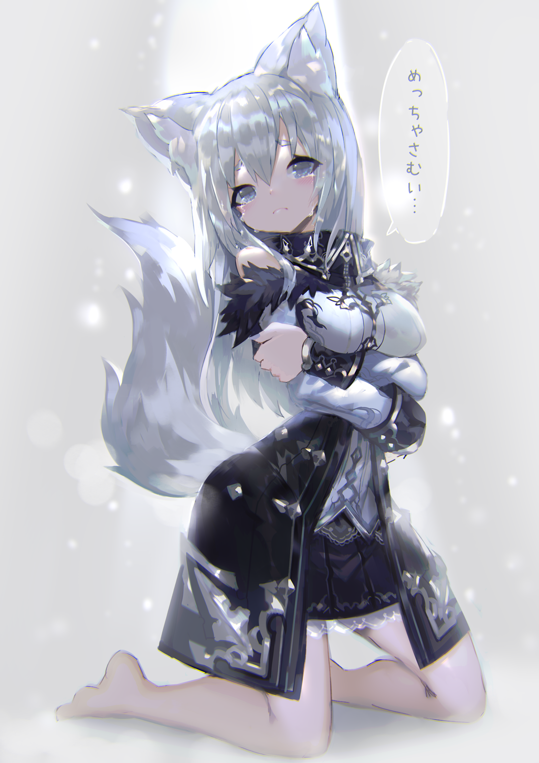 1girl animal_ears barefoot crying crying_with_eyes_open fox_ears fox_tail grey_eyes highres kneeling long_hair looking_at_viewer mamuru original silver_hair simple_background solo speech_bubble tail tears