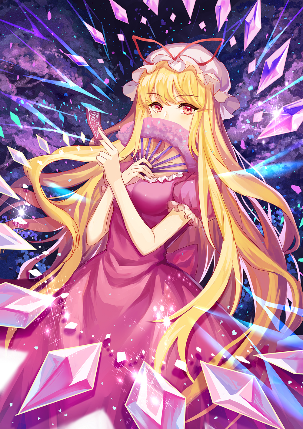 1girl bare_arms blonde_hair covered_mouth danmaku dress eyebrows_visible_through_hair fan folding_fan hat hat_ribbon highres holding long_hair looking_at_viewer mirror_(xilu4) mob_cap ofuda puffy_short_sleeves puffy_sleeves purple_dress red_eyes red_ribbon ribbon short_sleeves solo touhou very_long_hair wavy_hair white_hat yakumo_yukari