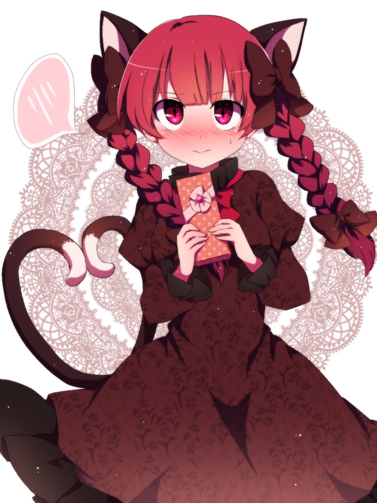 1girl animal_ears bangs blunt_bangs blush bow braid brown_bow brown_dress cat_ears cat_tail closed_mouth dress eyebrows_visible_through_hair frilled_sleeves frills gift hair_bow heart heart_tail holding holding_gift juliet_sleeves kaenbyou_rin long_hair long_sleeves looking_at_viewer multiple_tails nose_blush puffy_sleeves red_eyes redhead solo speech_bubble spoken_blush sweat tail tareme touhou twin_braids two_tails you_(noanoamoemoe)