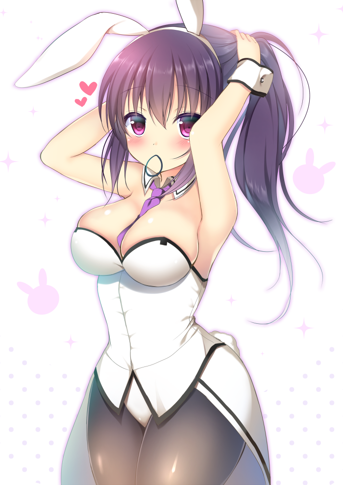 1girl animal_ears arms_up bangs bare_arms bare_shoulders black_legwear blush breasts bunching_hair bunny_background bunny_girl bunny_tail cleavage commentary_request cowboy_shot detached_collar eyebrows_visible_through_hair fake_animal_ears gochuumon_wa_usagi_desu_ka? hair_between_eyes hair_tie hairband heart large_breasts leotard long_hair looking_at_viewer mouth_hold necktie pantyhose purple_hair purple_neckwear rabbit_ears shibainu_niki shiny shiny_clothes shiny_hair shiny_skin sidelocks solo sparkle_background standing tail tedeza_rize tying_hair underbust violet_eyes white_background white_hairband white_leotard wing_collar wrist_cuffs