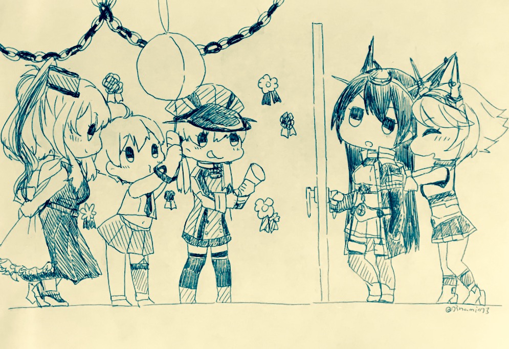 5girls asymmetrical_legwear blush bouquet buttons closed_eyes door doorknob dress eyebrows_visible_through_hair flower gloves hair_between_eyes hat headgear kantai_collection long_hair long_sleeves low_twintails machinery military military_hat military_uniform miniskirt monochrome multiple_girls mutsu_(kantai_collection) nagato_(kantai_collection) nami_nami_(belphegor-5812) neckerchief operation_crossroads party party_ball party_popper peaked_cap pleated_skirt prinz_eugen_(kantai_collection) pushing remodel_(kantai_collection) ribbon rudder_shoes sakawa_(kantai_collection) saratoga_(kantai_collection) short_hair short_sleeves side_ponytail sidelocks single_thighhigh skirt sleeveless smile smokestack thigh-highs tongue tongue_out traditional_media twintails twitter_username uniform