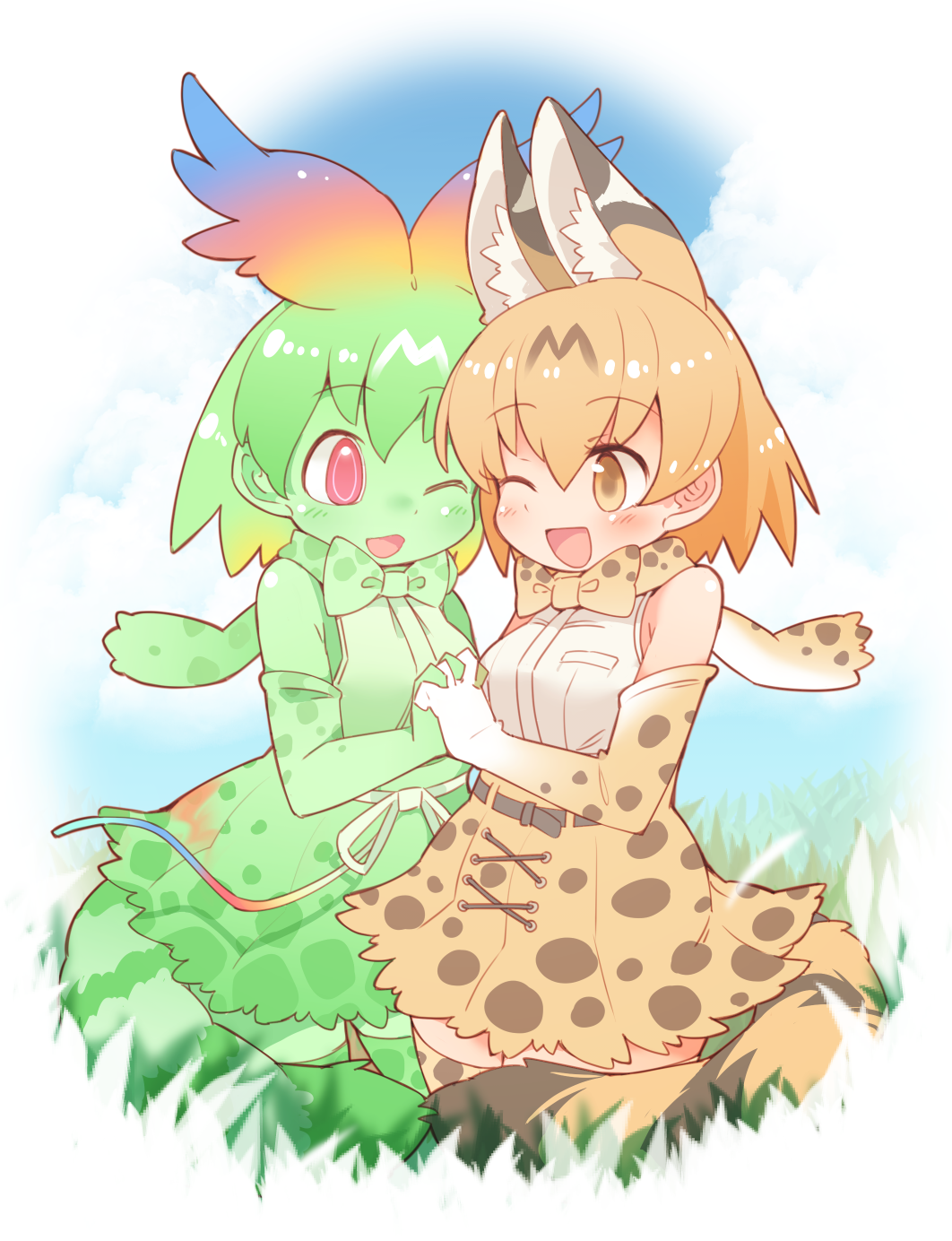 2girls ;d aliasing animal_ears bare_shoulders belt blonde_hair blush cerval clouds day elbow_gloves extra_ears eye_contact eyebrows_visible_through_hair gloves gradient_gloves grass green_gloves green_hair green_legwear green_neckwear green_shirt green_skin green_skirt hair_between_eyes hand_holding high-waist_skirt highres ini_(inunabe00) interlocked_fingers kemono_friends looking_at_another multiple_girls one_eye_closed open_mouth outdoors print_gloves print_legwear print_neckwear print_skirt red_eyes serval_(kemono_friends) serval_ears serval_tail shirt short_hair skirt sky sleeveless smile tail thigh-highs white_gloves yellow_eyes yellow_gloves yellow_skirt zettai_ryouiki