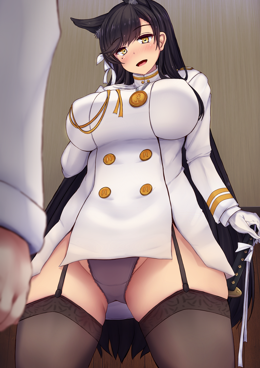 1girl animal_ears atago_(azur_lane) azur_lane black_hair breasts brown_eyes buttons commentary_request garter_straps gloves hair_ornament highres large_breasts long_hair long_sleeves military military_uniform mole mole_under_eye panties smile thigh-highs underwear uniform white_gloves yuzumiya_mono