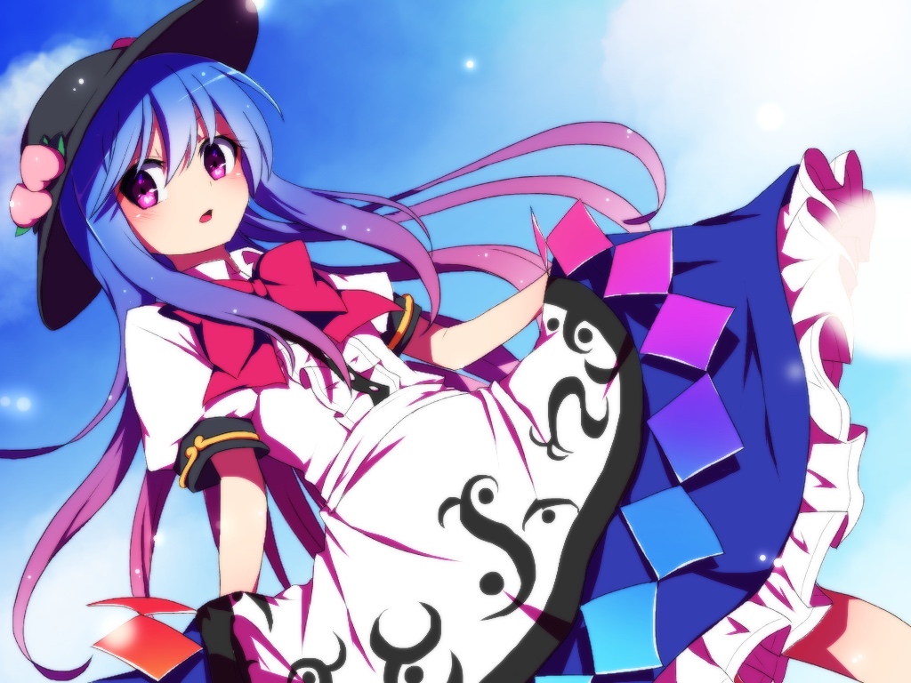 1girl black_hat blue_hair blue_skirt blush bow bowtie curtsey day dress_shirt dutch_angle food frilled_skirt frills fruit gradient_hair hat hinanawi_tenshi lifted_by_self long_hair long_skirt looking_at_viewer multicolored_hair parted_lips peach pink_eyes pink_hair puffy_short_sleeves puffy_sleeves rainbow_order red_bow red_neckwear sash shirt short_sleeves sidelocks skirt skirt_lift solo sunlight touhou white_shirt you_(noanoamoemoe)