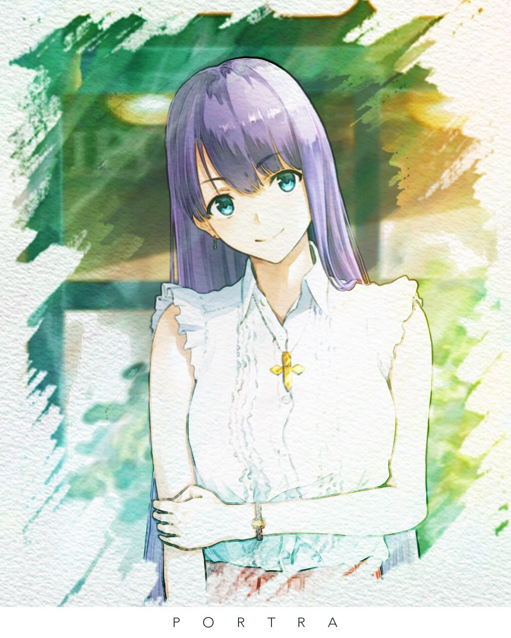 1girl bangs blouse blue_eyes bracelet breasts closed_mouth cross cross_necklace earrings eyebrows_visible_through_hair head_tilt highres holding_arm jewelry k_ryo large_breasts long_hair looking_at_viewer necklace purple_hair red_skirt skirt smile solo white_blouse