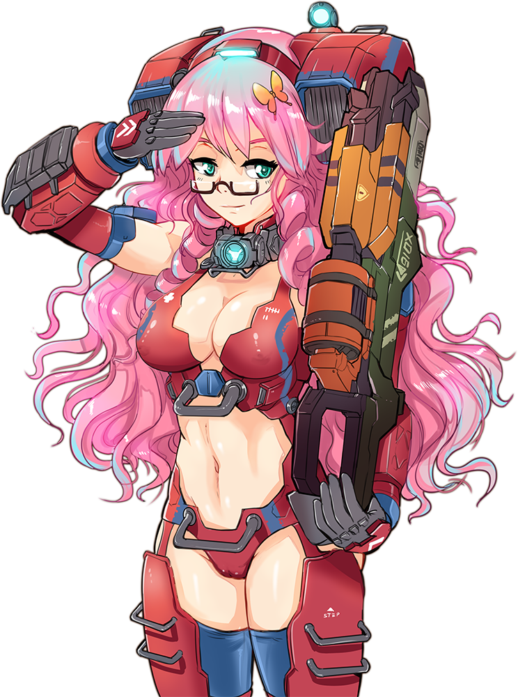 1girl armor backpack bag breasts butterfly_on_hair cleavage glasses gloves green_eyes gun hair_ornament hmage long_hair machine_gun mecha_musume medium_breasts monarch_(titanfall_2) navel personification pink_hair stomach thigh-highs titanfall titanfall_2 weapon