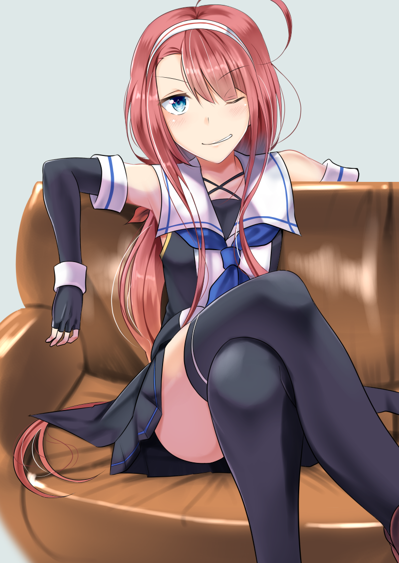 1girl ahoge arm_at_side arm_behind_back arm_up asymmetrical_bangs bangs black_legwear blue_eyes blue_neckwear blush couch elbow_sleeve eyebrows_visible_through_hair fingerless_gloves gloves hairband kaeru_(ka=l) kantai_collection kawakaze_(kantai_collection) legs_crossed long_hair looking_at_viewer low_twintails necktie one_eye_closed partially_opened_mouth pleated_skirt sailor_collar school_uniform sidelocks sitting sitting_on_object skirt smile solo thigh-highs twintails winking