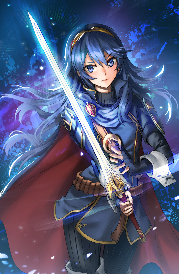 &gt;:| 1girl arm_guards armor athenawyrm bangs belt black_gloves black_pants blue_cape blue_dress blue_eyes blue_hair cape closed_mouth cowboy_shot dress elbow_gloves emblem falchion_(fire_emblem) fingerless_gloves fire_emblem fire_emblem:_kakusei gloves glowing glowing_sword glowing_weapon holding holding_sword holding_weapon lips long_hair looking_at_viewer lucina pants serious solo standing striped sword symbol-shaped_pupils thigh_gap tiara tight tight_pants unsheathed vertical-striped_pants vertical_stripes very_long_hair weapon wrist_cuffs