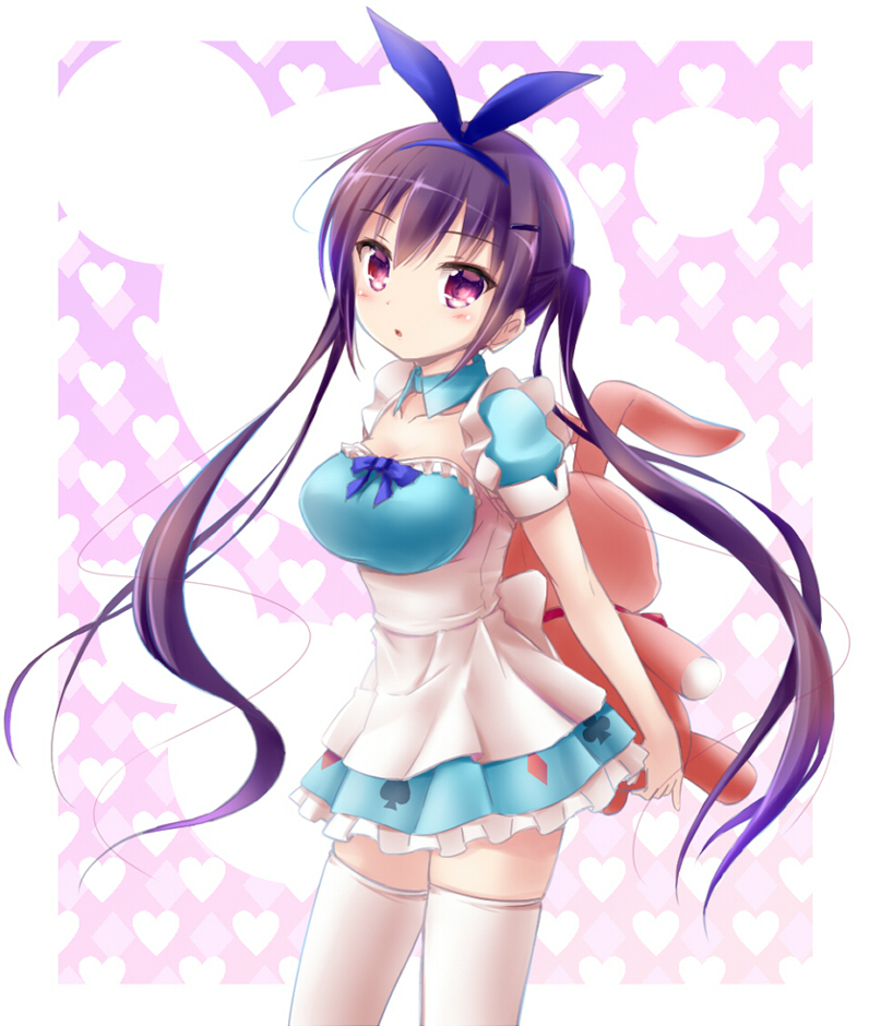 1girl :o alice_(wonderland) alice_(wonderland)_(cosplay) alice_in_wonderland apron arms_behind_back bangs blue_collar blue_dress blue_hairband blush breasts cleavage club_(shape) collarbone cosplay cowboy_shot detached_collar diamond_(shape) dress frilled_dress frills gochuumon_wa_usagi_desu_ka? hairband heart heart_background holding long_hair looking_at_viewer medium_breasts parted_lips puffy_short_sleeves puffy_sleeves purple_hair riki_(archf) short_sleeves sidelocks solo spade_(shape) standing stuffed_animal stuffed_bunny stuffed_toy tedeza_rize tsurime twintails two-tone_background very_long_hair violet_eyes white_apron wing_collar