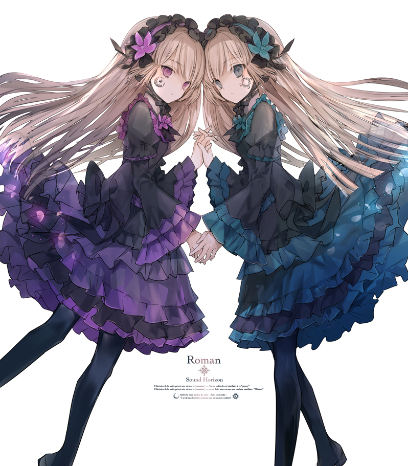 2girls bangs black_legwear blonde_hair blue_eyes cierra_(ra-bit) closed_mouth commentary_request copyright_name eyebrows_visible_through_hair facial_tattoo frilled_hairband frilled_skirt frills hairband hand_holding hands_together hortense interlocked_fingers lolita_fashion lolita_hairband long_hair long_sleeves looking_at_viewer multiple_girls pantyhose ribbon roman simple_background skirt sound_horizon tattoo violet_eyes violette white_background wide_sleeves