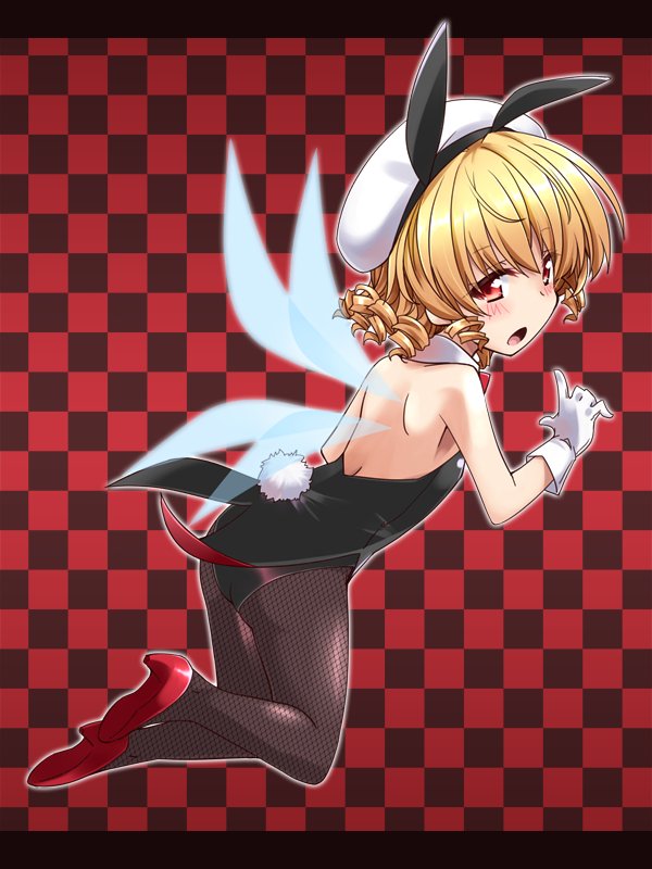 1girl alternate_costume animal_ears ascot ass bare_back bare_shoulders blonde_hair blush bunny_girl bunny_tail bunnysuit checkered checkered_background detached_collar drill_hair fairy fairy_wings fishnets flying gloves hat hemogurobin_a1c high_heels looking_at_viewer looking_to_the_side luna_child open_mouth rabbit_ears red_eyes red_footwear solo tail touhou white_gloves wings