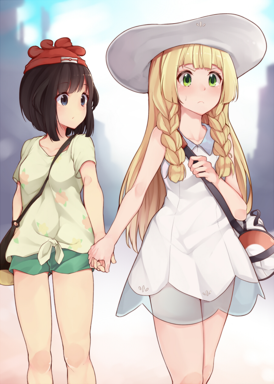 2girls bag bangs batatata77 beanie black_hair blonde_hair blue_eyes blue_hair blue_ribbon blunt_bangs braid collared_dress denim denim_shorts dress duffel_bag green_eyes green_shorts hand_holding hat hat_ribbon highres lillie_(pokemon) long_hair mizuki_(pokemon_sm) multiple_girls poke_ball_theme pokemon pokemon_(game) pokemon_sm ribbon short_hair short_shorts shorts sleeveless sleeveless_dress sun_hat sundress twin_braids white_dress white_hat yuri