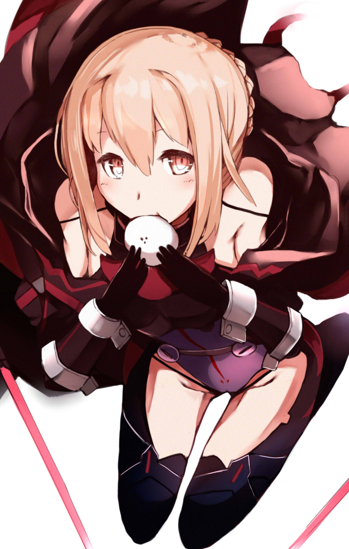 artoria_pendragon_(all) bare_shoulders black_cape black_legwear blonde_hair blush bodysuit braid cape eating fate/grand_order fate_(series) gauntlets hair_between_eyes highres kneeling looking_at_viewer looking_up mysterious_heroine_x_(alter) seiza sidelocks sitting thigh-highs thighs tied_hair venomrobo yellow_eyes