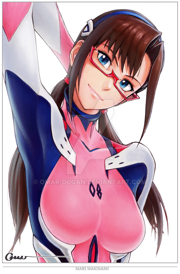 1girl arm_up blue_eyes blue_hairband bodysuit breasts brown_hair evangelion:_2.0_you_can_(not)_advance facing_viewer hairband head_tilt lips long_hair looking_at_viewer low_twintails makinami_mari_illustrious medium_breasts neon_genesis_evangelion omar_dogan pink_bodysuit plugsuit rebuild_of_evangelion red-framed_eyewear solo twintails under-rim_eyewear watermark