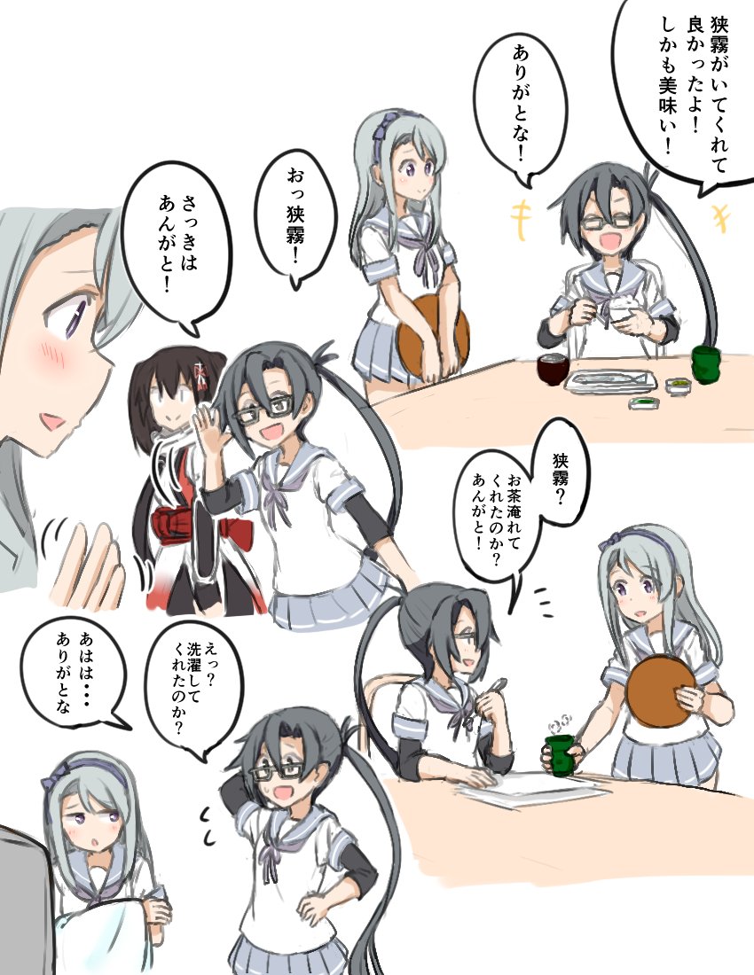 3girls :&gt; :d :o ^_^ amagiri_(kantai_collection) atsushi_(aaa-bbb) black_hair brown_hair chopsticks closed_eyes comic commentary cup fish flying_sweatdrops food glasses hairband kantai_collection long_hair multiple_girls open_mouth paper pleated_skirt ponytail remodel_(kantai_collection) rice_bowl sagiri_(kantai_collection) scarf school_uniform sendai_(kantai_collection) serafuku silver_hair sketch skirt smile sweatdrop teacup translation_request twintails very_long_hair white_scarf
