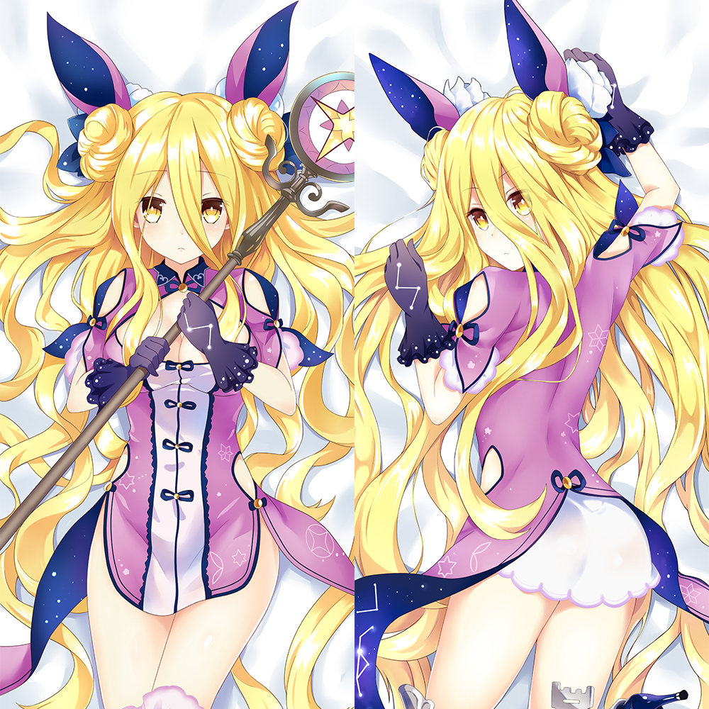 1girl bed_sheet black_gloves blonde_hair breasts breeze_(wcf) character_request cleavage cowboy_shot dakimakura date_a_live eyebrows_visible_through_hair from_above gloves hair_between_eyes hair_ribbon high_heels holding holding_staff long_hair looking_at_viewer looking_back lying medium_breasts on_back on_stomach purple_ribbon ribbon solo staff very_long_hair yellow_eyes