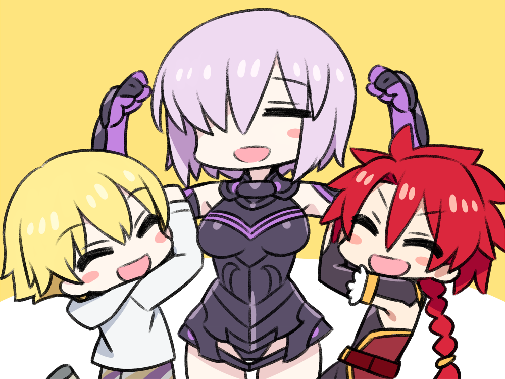 1girl 2boys :d =_= alexander_(fate/grand_order) armor bare_shoulders belt blonde_hair blush_stickers boobplate braid breastplate breasts chan_co chibi child child_gilgamesh closed_eyes commentary_request cowboy_shot elbow_gloves eyebrows_visible_through_hair fate/grand_order fate_(series) gauntlets gloves hair_between_eyes hair_over_one_eye hands_up happy hood hoodie lifting_person long_sleeves medium_breasts multiple_boys one_eye_covered open_mouth purple_hair redhead shielder_(fate/grand_order) single_braid smile standing white_hoodie