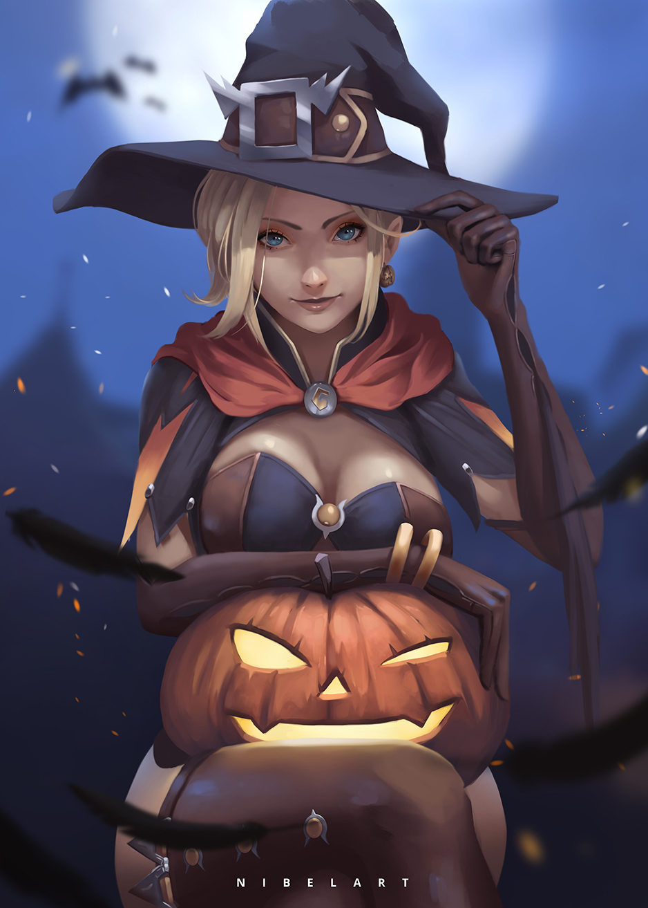 1girl alternate_costume artist_name bangle bat black_feathers blonde_hair blue_eyes blurry blurry_background bodice bracelet breasts brown_gloves brown_legwear capelet cleavage earrings elbow_gloves embers eyelashes full_moon gloves halloween halloween_costume hand_on_headwear hat highres jack-o'-lantern jack-o'-lantern_earrings jewelry lips looking_at_viewer medium_breasts mercy_(overwatch) moon nibelart night night_sky no_wings nose overwatch pumpkin short_sleeves signature sky smile solo thigh-highs witch witch_hat witch_mercy