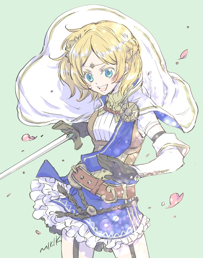 1girl blonde_hair blue_eyes cape crown curly_hair fire_emblem fire_emblem_musou green_background holding holding_sword holding_weapon kizuki_miki lianna_(fire_emblem) short_hair simple_background skirt smile solo sword weapon