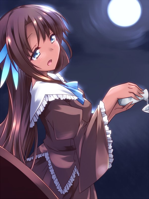 1girl alcohol bangs black_hair blue_neckwear blush bottle breasts brown_dress cup dark_skin dress frilled_dress frilled_shirt_collar frilled_sleeves frills full_moon grey_eyes hair_ornament hemogurobin_a1c kikuri_(touhou) long_hair looking_at_another moon open_mouth sakazuki sake sake_bottle smile solo touhou touhou_(pc-98) wide_sleeves