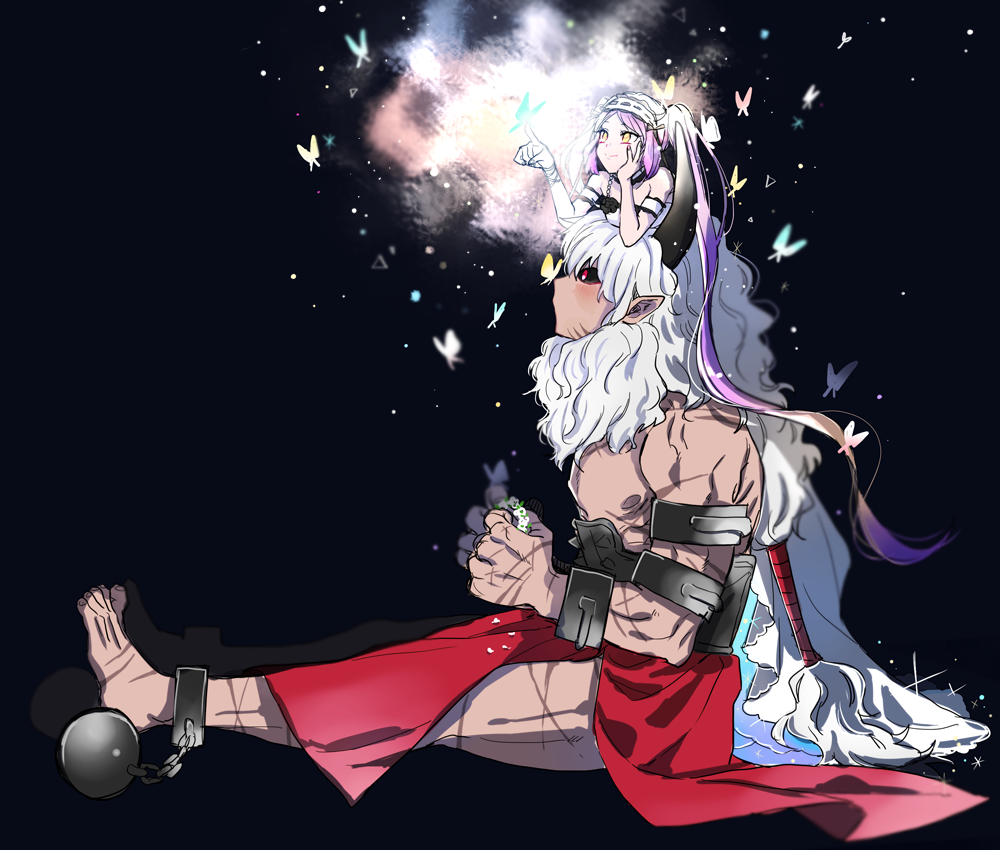 1boy 1girl asterios_(fate/grand_order) ball_and_chain_restraint black_sclera butterfly chains dress euryale fate/grand_order fate_(series) hairband head_wreath horns long_hair purple_hair simple_background smile twintails wani_(mezo) white_hair