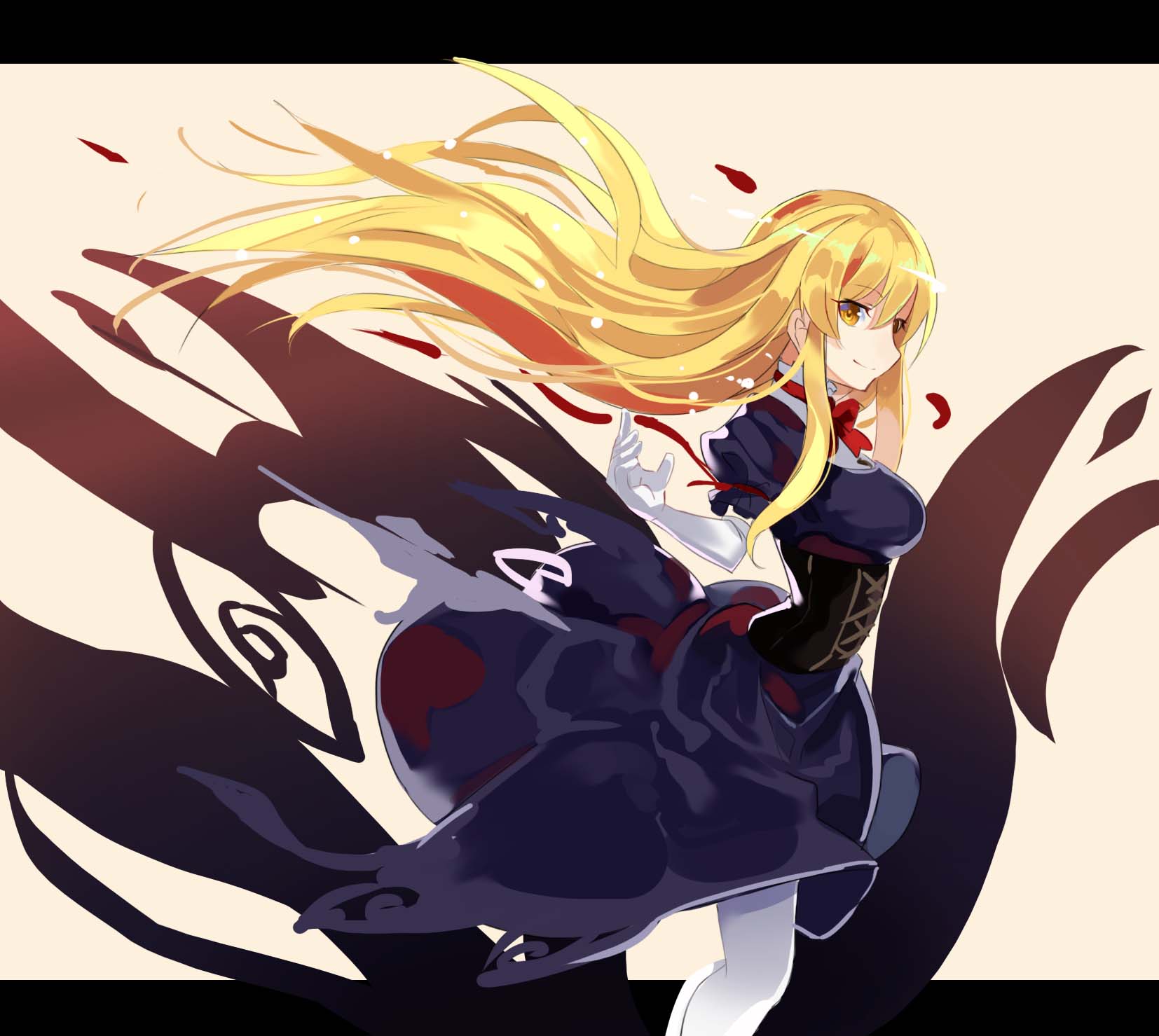 1girl blonde_hair bow breasts closed_mouth corset dress floating_hair gloves highres long_hair looking_at_viewer looking_to_the_side no_hat no_headwear puffy_sleeves purple_dress ribbon rin_falcon short_sleeves simple_background smile solo standing touhou white_legwear wind wind_lift yakumo_yukari yellow_eyes