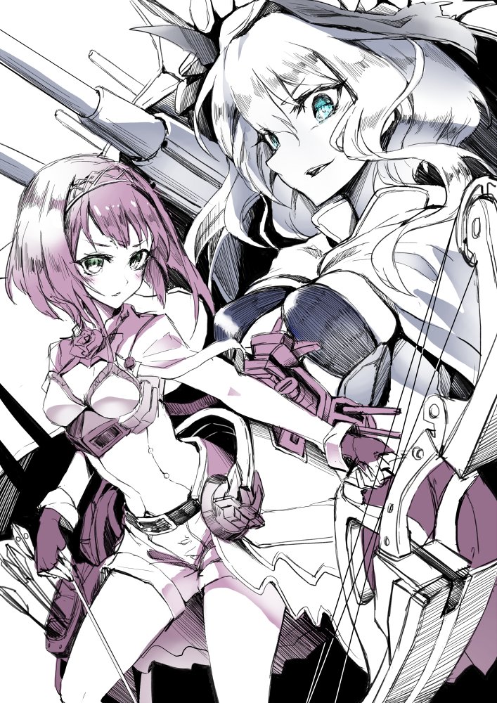 2girls anchor ark_royal_(kantai_collection) arrow bangs belt blue_eyes blunt_bangs blush bob_cut breasts cannon capelet cleavage_cutout commentary_request composite_bow corset european_hime eyebrows_visible_through_hair fingerless_gloves flower gloves hair_between_eyes hairband holding holding_arrow holding_weapon jacket kantai_collection kito_(kito2) long_sleeves looking_at_viewer machinery multiple_girls multiple_monochrome open_mouth overskirt parted_lips quiver ribbon rose shinkaisei-kan short_hair shorts smile teeth tiara tsurime wavy_hair weapon