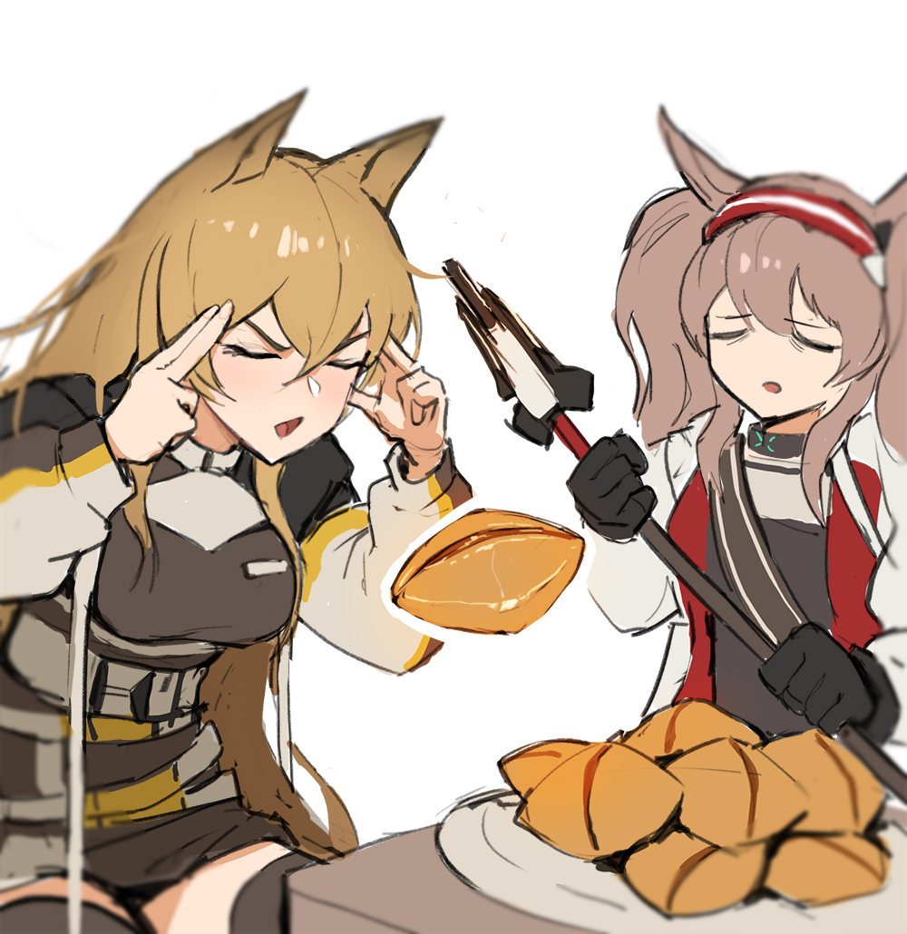 2girls angelina_(arknights) animal_ears arknights bangs black_choker black_jacket black_legwear black_shirt breasts brown_hair ceobe_(arknights) choker closed_eyes cookie dog_ears dog_girl english_commentary food fox_ears fox_girl hairband holding holding_staff infection_monitor_(arknights) jacket jason_kim long_hair long_sleeves man_levitating_pizza_(meme) medium_breasts meme multiple_girls open_clothes open_jacket open_mouth red_hairband shirt solo staff swept_bangs thigh-highs twintails two-tone_hairband upper_body v-shaped_eyebrows very_long_hair white_jacket