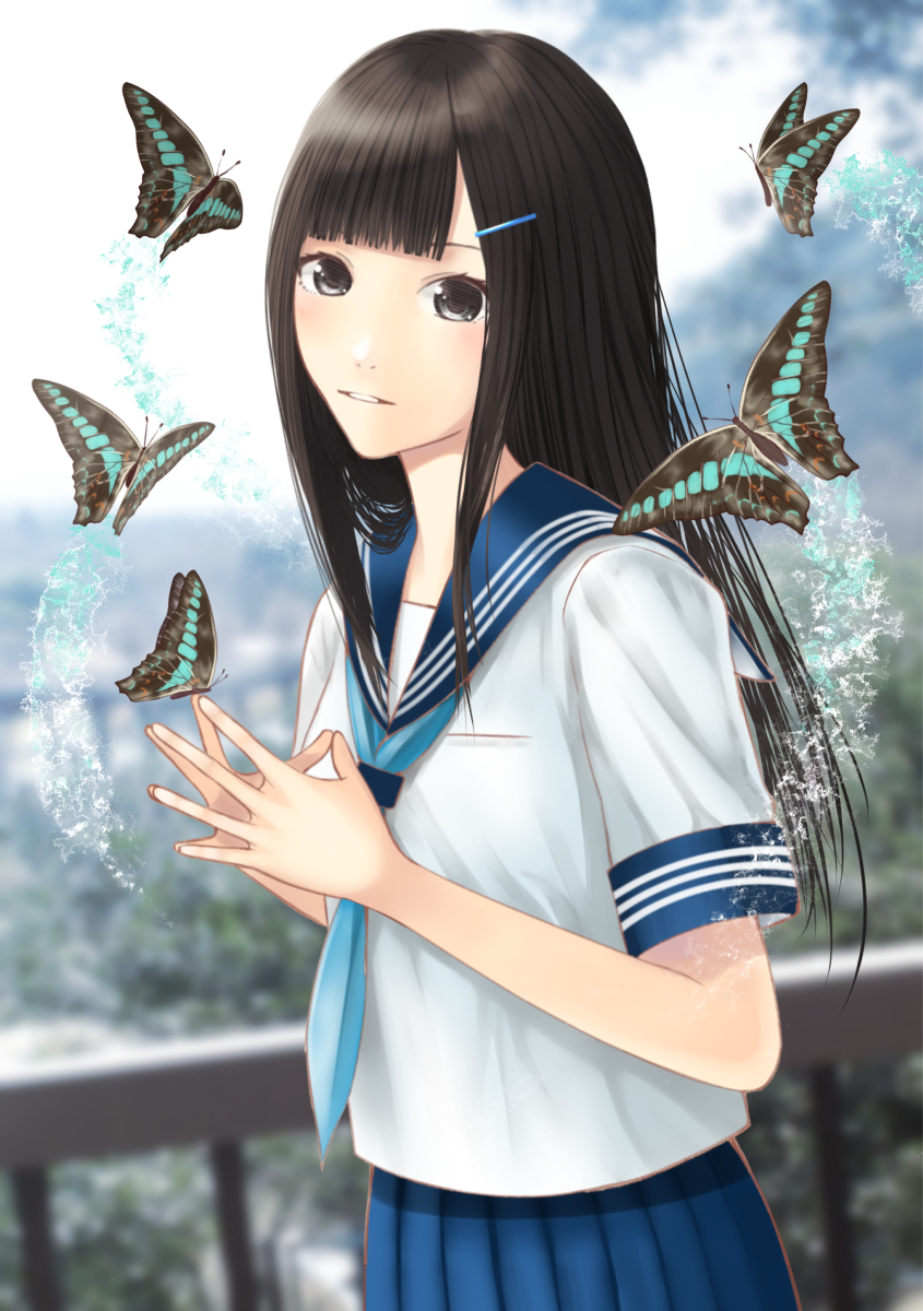 1girl black_eyes black_hair blurry blurry_background butterfly fingers_together hair_ornament hairclip hami_(hami-gerden) highres long_hair looking_at_viewer original outdoors railing school_uniform serafuku solo standing steepled_fingers uniform