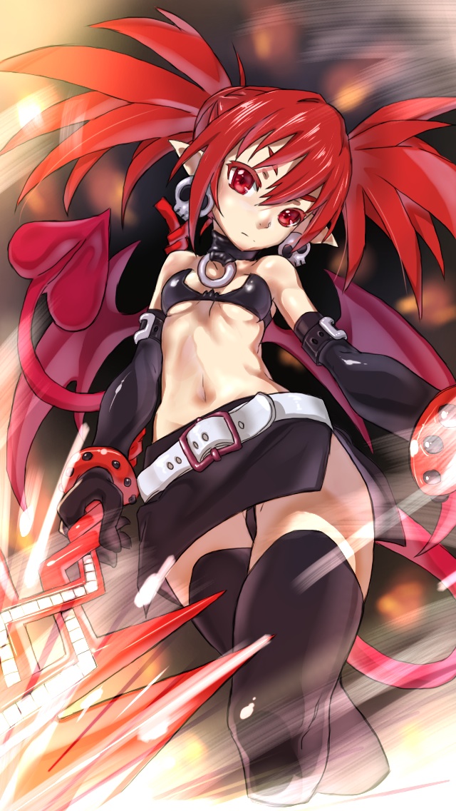 1girl bangs belt belt_buckle black_belt black_gloves black_legwear black_skirt breasts buckle colored_eyelashes demon_girl demon_tail demon_wings disgaea earrings elbow_gloves etna eyelashes gloves hair_between_eyes head_tilt holding holding_spear holding_weapon jewelry kuma_(jk0073) makai_senki_disgaea miniskirt pointy_ears polearm red_eyes red_wings redhead short_hair short_twintails side_slit skirt skull skull_earrings small_breasts solo spear tail thigh-highs tsurime twintails under_boob weapon wings zettai_ryouiki