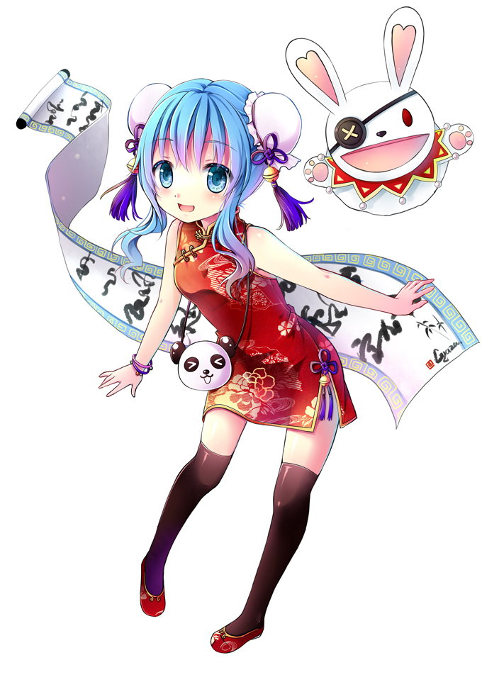 1girl :d black_legwear blue_eyes bracelet china_dress chinese_clothes date_a_live double_bun dress eyebrows_visible_through_hair full_body gyaza hair_ornament jewelry leaning_forward looking_at_viewer open_mouth red_dress red_footwear shiny shiny_clothes shiny_skin short_dress short_hair_with_long_locks sidelocks silver_hair sleeveless sleeveless_dress smile solo standing thigh-highs yoshino_(date_a_live) yoshinon